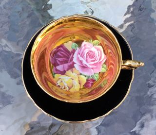 Very Rare Paragon Black Tea Cup And Saucer Triple Cabbage Rose On Gold 1960