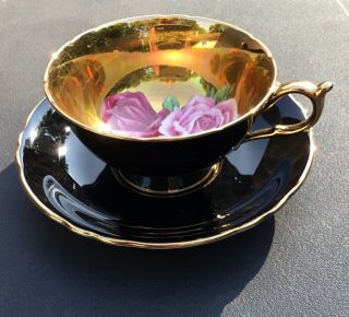 VERY RARE Paragon black tea cup and saucer triple cabbage Rose on gold 1960 2
