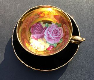 VERY RARE Paragon black tea cup and saucer triple cabbage Rose on gold 1960 3
