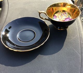 VERY RARE Paragon black tea cup and saucer triple cabbage Rose on gold 1960 4