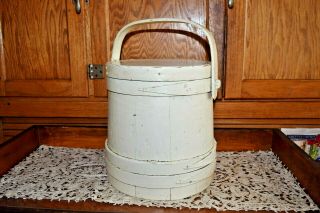 Antique Primitive Firkin Wood Stave Sugar Bucket 19th Century Bentwood Handle