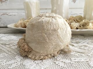 Antique Taupe Tattered Silk & Lace Baby Bonnet 3