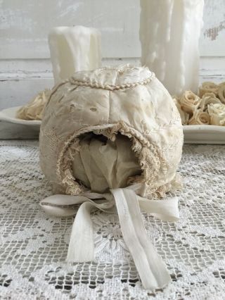 Antique Taupe Tattered Silk & Lace Baby Bonnet 4