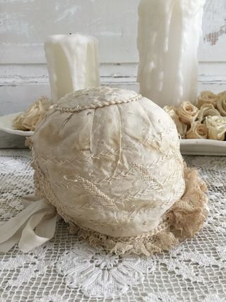 Antique Taupe Tattered Silk & Lace Baby Bonnet 5