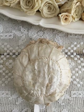 Antique Taupe Tattered Silk & Lace Baby Bonnet 6