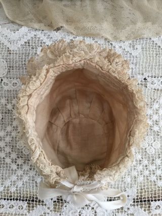 Antique Taupe Tattered Silk & Lace Baby Bonnet 7