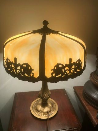 Old Antique Art Nouveau Slag Glass Lamp 6 Panel Leaded ? Stain Glass ? 15 1/2 " D
