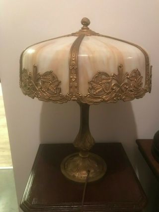 Old Antique Art Nouveau Slag Glass Lamp 6 panel leaded ? stain glass ? 15 1/2 