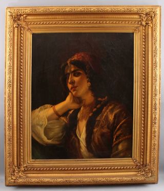 Large 1872 Antique 19thc L.  Busonier Genre Portrait Oil Painting,  Gypsy Woman