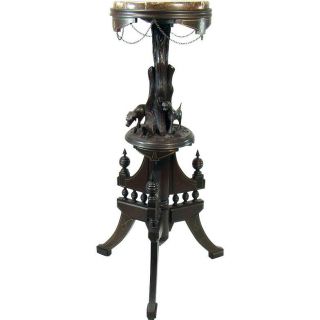 Victorian Marble Top Fern Stand With Carved Dogs And Fox C.  1880 