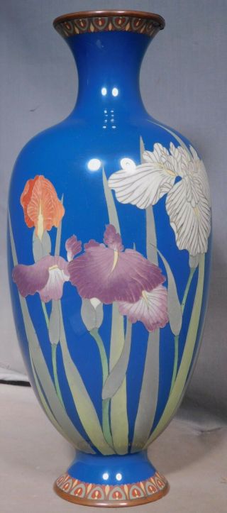 Antique Japanese Meiji Art Nouveau Cloisonné Vase Iris Flowers Cerulean Blue Old