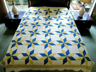 Dated 1930 Signed Vintage All Cotton Hand Sewn Star Tumbling Blocks Effect Quilt