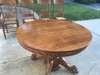 50 - Antique Oak Clawfoot 45” Table And 4 Matcing Chairs 7