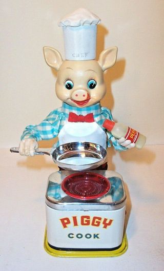 1950 ' s BATTERY OPERATED PIGGY COOK VINTAGE TIN TOY BURGER CHEF ' S BBQ BUDDY 2
