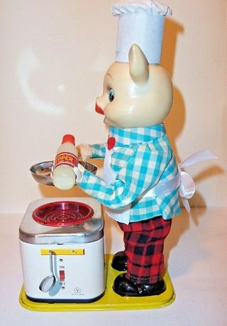 1950 ' s BATTERY OPERATED PIGGY COOK VINTAGE TIN TOY BURGER CHEF ' S BBQ BUDDY 3