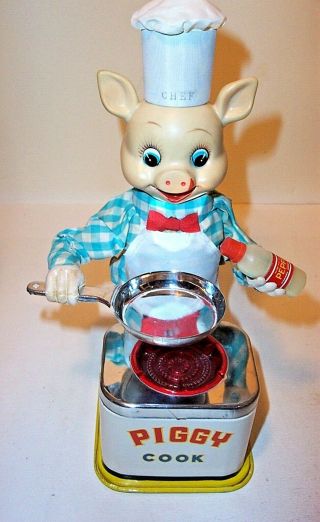 1950 ' s BATTERY OPERATED PIGGY COOK VINTAGE TIN TOY BURGER CHEF ' S BBQ BUDDY 6