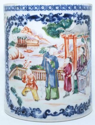 Large 18th C Chinese Mandarin Famille Rose Porcelain Mug Tankard Qianlong