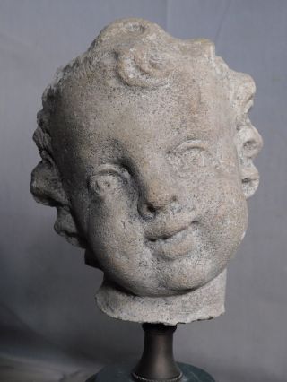 Weathered 18th c.  Carved Stone Cherub Angel Head 1790 Classical Putto Sculpture 3