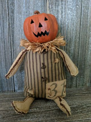 Primitive Halloween Pumpkin Shelf Sitter Doll,  Fabric & Paper Mache,  Handmade.