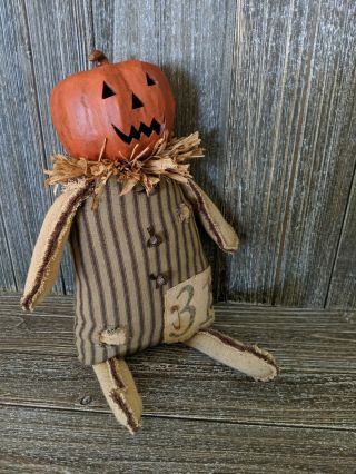 Primitive Halloween Pumpkin shelf sitter doll,  Fabric & Paper Mache,  handmade. 2