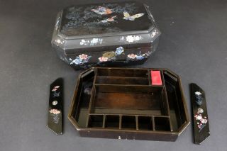 Chinese Wood Laquer Sewing Box 1900s Mother of Pearl with Butterflies 10