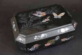 Chinese Wood Laquer Sewing Box 1900s Mother Of Pearl With Butterflies