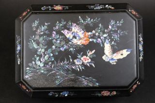 Chinese Wood Laquer Sewing Box 1900s Mother of Pearl with Butterflies 2