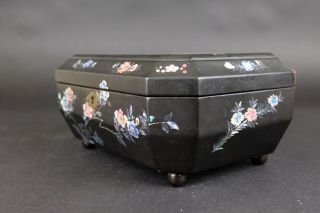 Chinese Wood Laquer Sewing Box 1900s Mother of Pearl with Butterflies 6