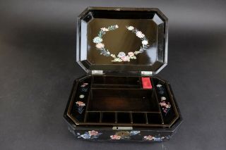 Chinese Wood Laquer Sewing Box 1900s Mother of Pearl with Butterflies 7