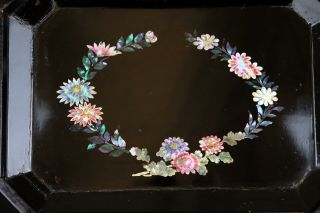 Chinese Wood Laquer Sewing Box 1900s Mother of Pearl with Butterflies 8