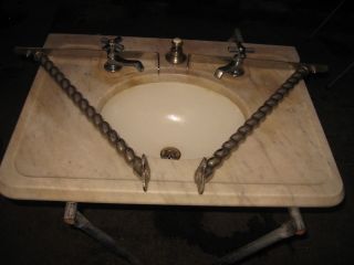 Rare Antique 30x22 1/2 Marble Sink W Nickel Brass Supports Legs Brackets