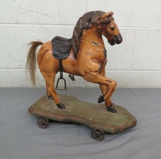 Rare Antique Hand Painted Wooden Horse Pull Toy Metal Wheels 15 " Tall Great Look