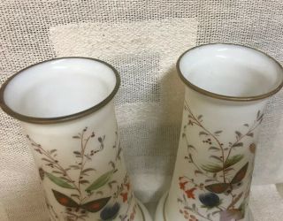 MIRROR IMAGE Pair Antique Victorian HAND Painted Butterfly BRISTOL VASES 11