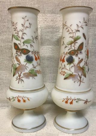 Mirror Image Pair Antique Victorian Hand Painted Butterfly Bristol Vases