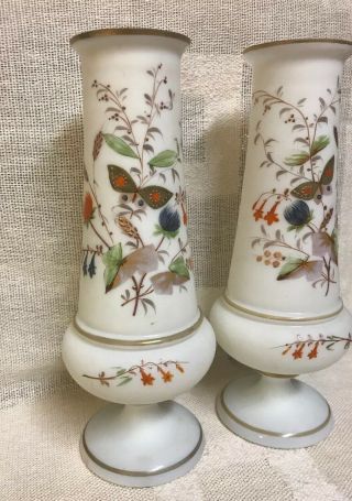 MIRROR IMAGE Pair Antique Victorian HAND Painted Butterfly BRISTOL VASES 3