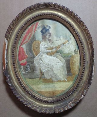 Antique Silk Needlework Embroidery Portrait,  Lady Playing Lute