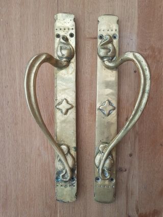 Pair Vintage Antique Edwardian Pub Pull Door Handles Brass 14 3/4 Inch 1 Of 3