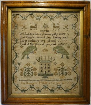 Early 19th Century House,  Parrots & " Solitude " Sampler By Ann Pennington - 1829