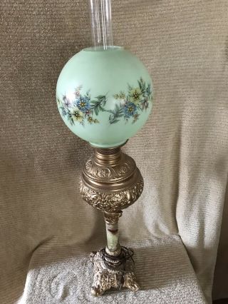 Magnificent Antique Approx 36 " Cast Banquet Lamp Flower Globe And Marble Stem