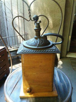 Antique Wood & Cast Iron Coffee Grinder Mill W/ Door & Catch Pan