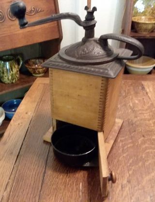 ANTIQUE Wood & Cast Iron COFFEE GRINDER MILL W/ Door & CATCH Pan 2