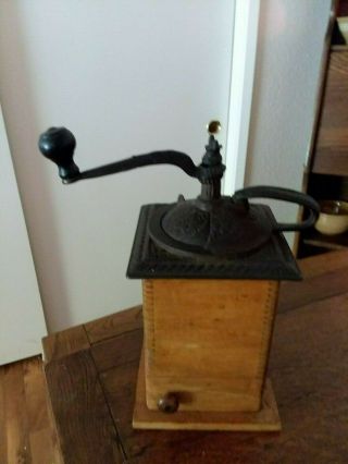 ANTIQUE Wood & Cast Iron COFFEE GRINDER MILL W/ Door & CATCH Pan 3