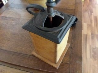 ANTIQUE Wood & Cast Iron COFFEE GRINDER MILL W/ Door & CATCH Pan 9