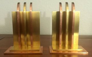 RARE 1930s Art Deco CHASE WALTER VAN NESSEN Modern Bookends - Brass & Copper, 2