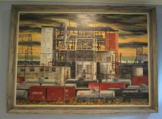 Large Mid Century Industrial Oil Painting Railroad Trains Factory