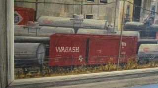 LARGE Mid Century Industrial Oil Painting Railroad Trains Factory 2