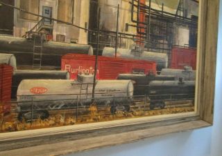 LARGE Mid Century Industrial Oil Painting Railroad Trains Factory 3