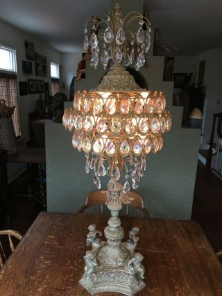 Large Antique Hollywood Regency 3 Tiered Cherub Prisms Waterfall Lamp,  Extra 