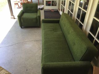 Vintage Mid Century Modern Sofa And Arm Chair Green Tweed.