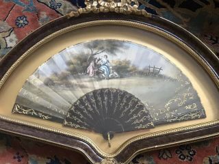 Spectacular Antique Hand Painted Francois Boucher Courting Scene Framed Fan